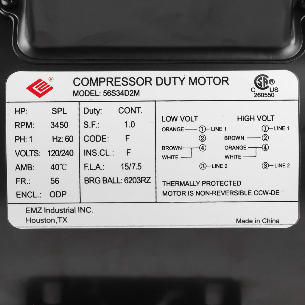 HP SPL Compressor Duty Electric Motor 3450 RPM 56 Frame 5/8