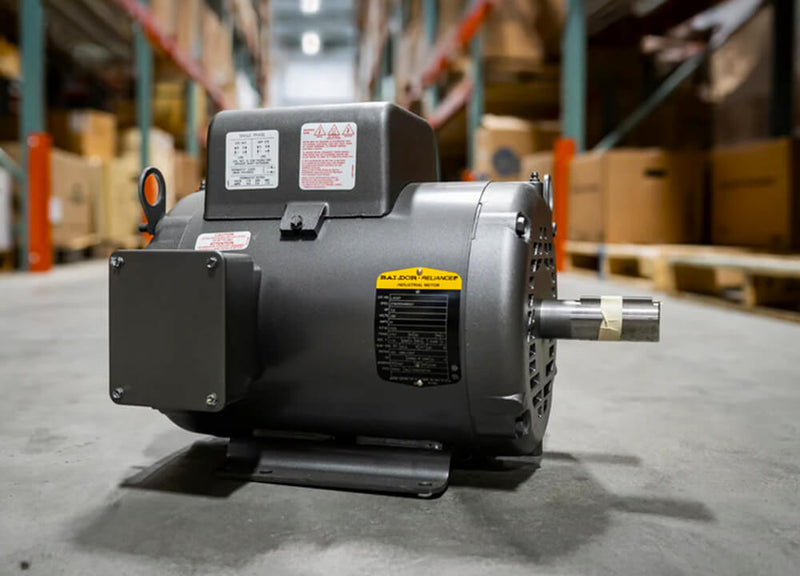 A Baldor AC electric motor sits on the smooth grey concrete floor of a large warehouse.