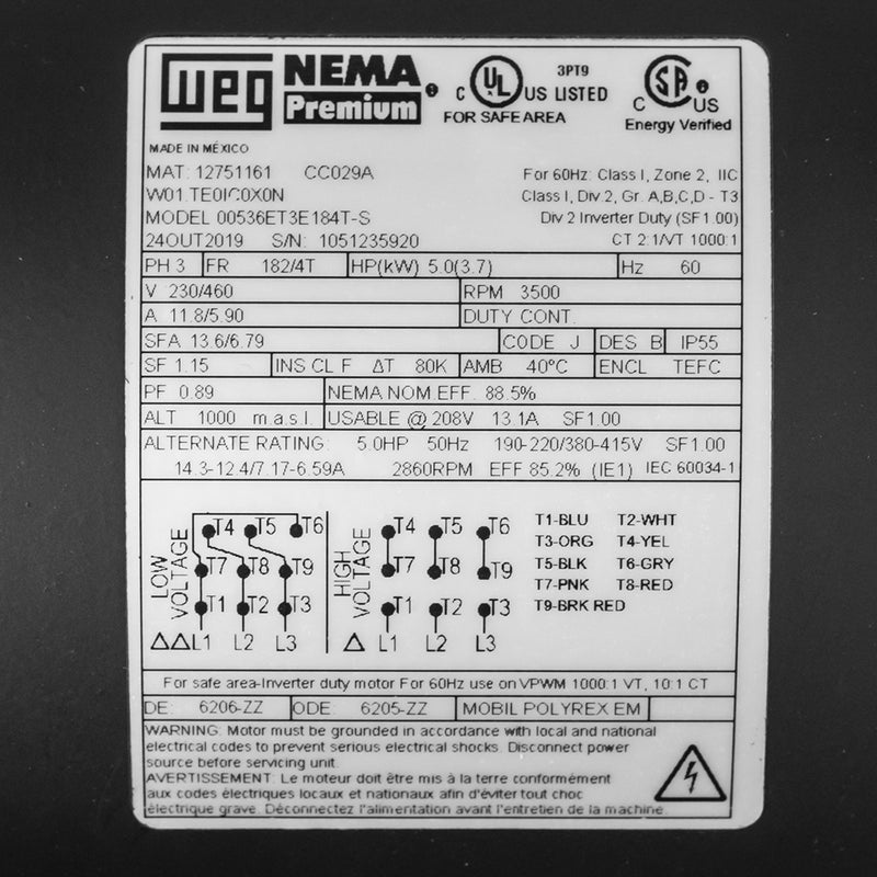 5 HP 3 Phase Electric Motor 3500 RPM 182/4T Frame 230/460V TEFC WEG