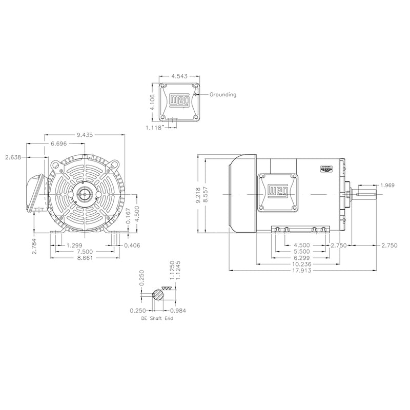 5 HP 3 Phase Electric Motor 3500 RPM 182/4T Frame 230/460V TEFC WEG
