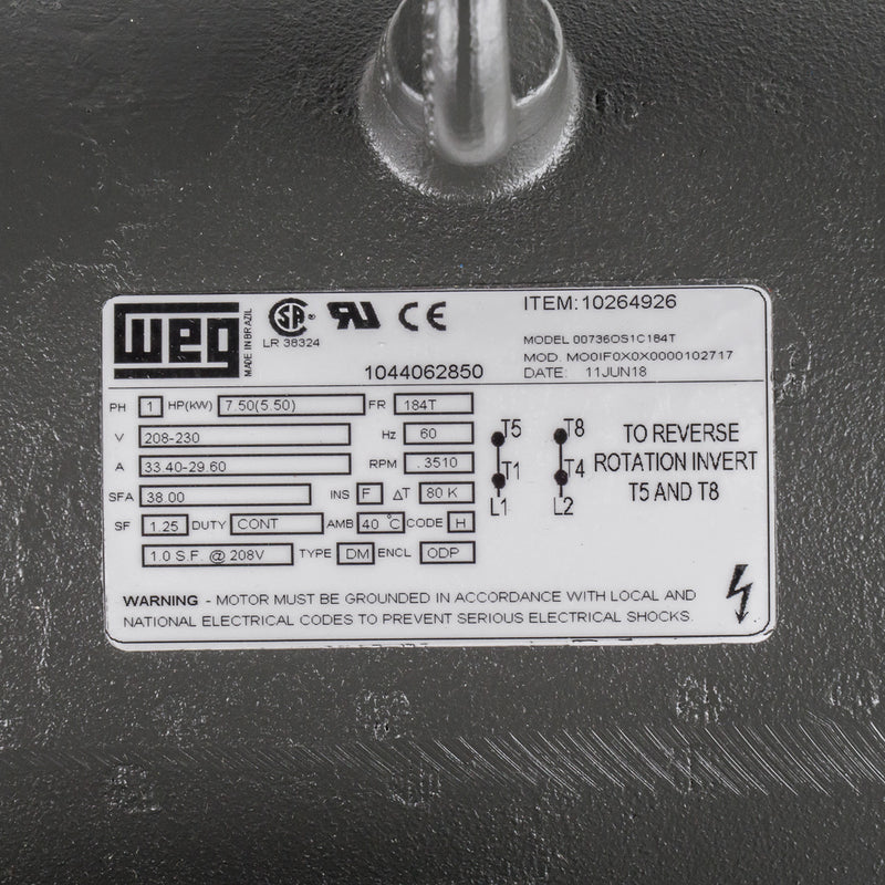 7.5 HP Single Phase Electric Motor 184T Frame ODP 3510 RPM 208-230 Volts WEG