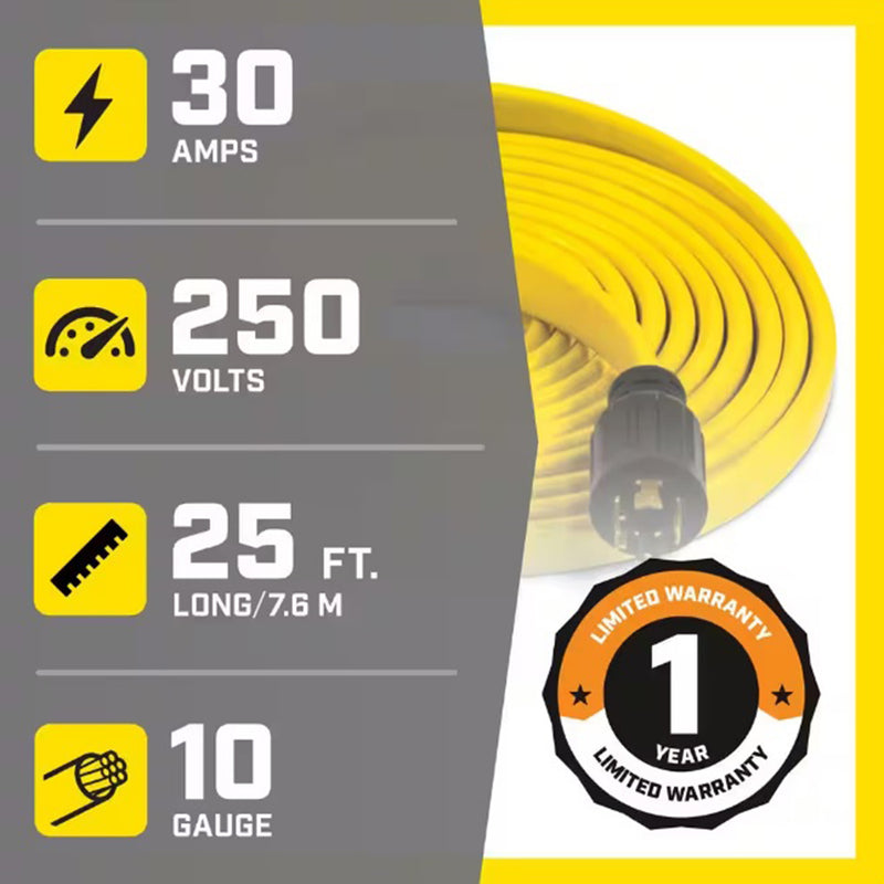 Champion 25ft 30 AMP 125/250 Volt Flat Generator Extension Cord Yellow 100437