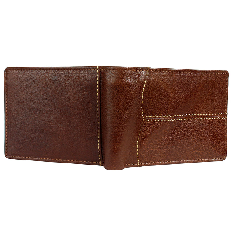 Leather Impressions Water Buffalo Contrast Stitch Bi-Fold Leather Wallet Brown