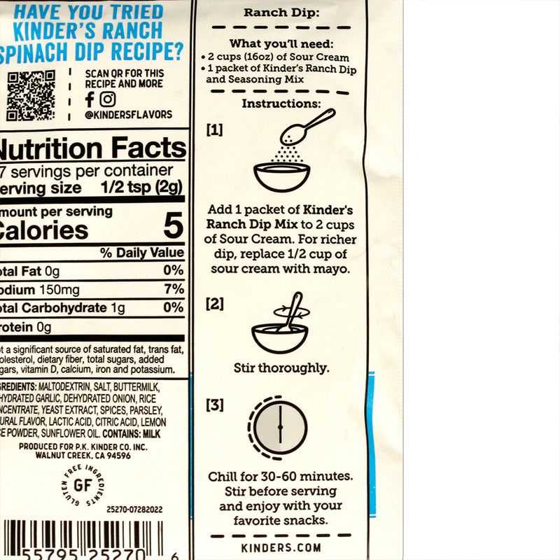 Kinder's Premium Quality Ranch Dip and Seasoning Mix Buttermilk Gluten Free 1oz