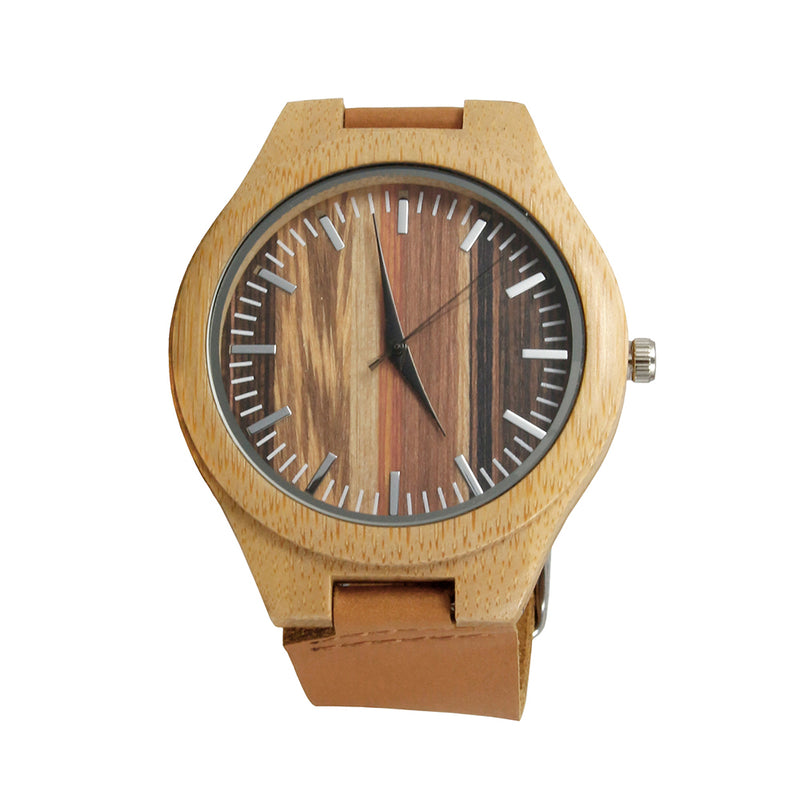 Mad Man Round 48mm Men's Bamboo Watch Nova Adjustable Genuine Leather Strap