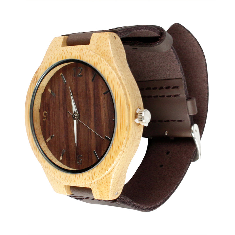 Mad Man Round 48mm Men's Bamboo Watch Koa Brown Adjustable Genuine Leather Strap