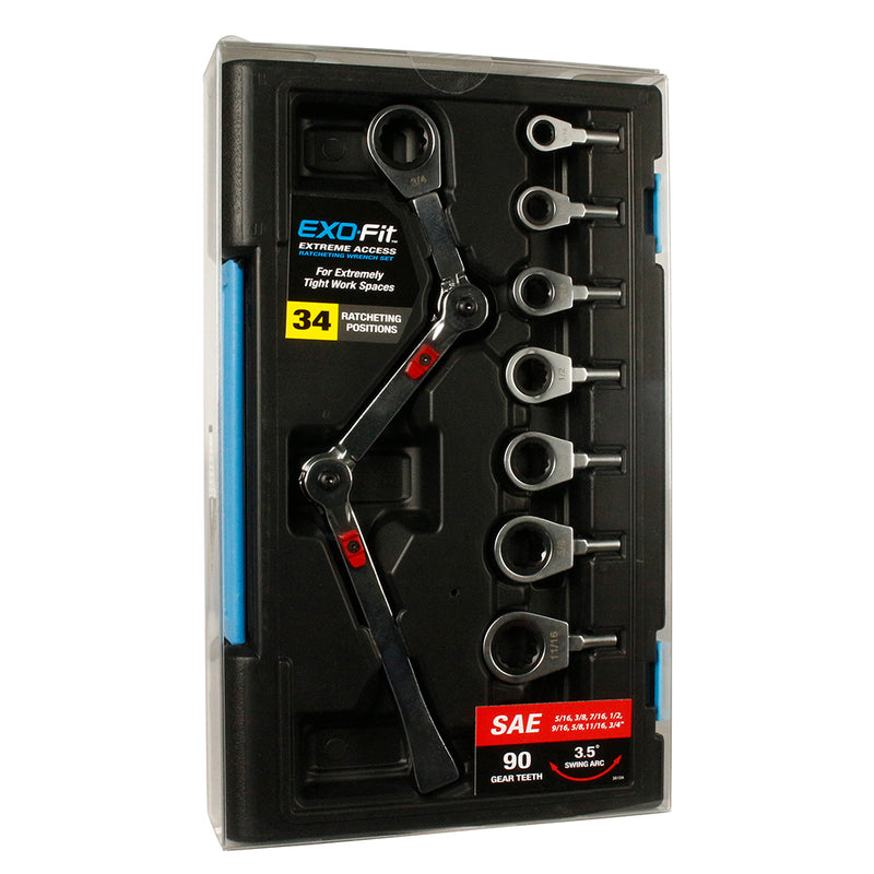 ExoFit Extreme Access Ratcheting Wrench Set SAE 9 Piece 34 Positions Alloy Steel