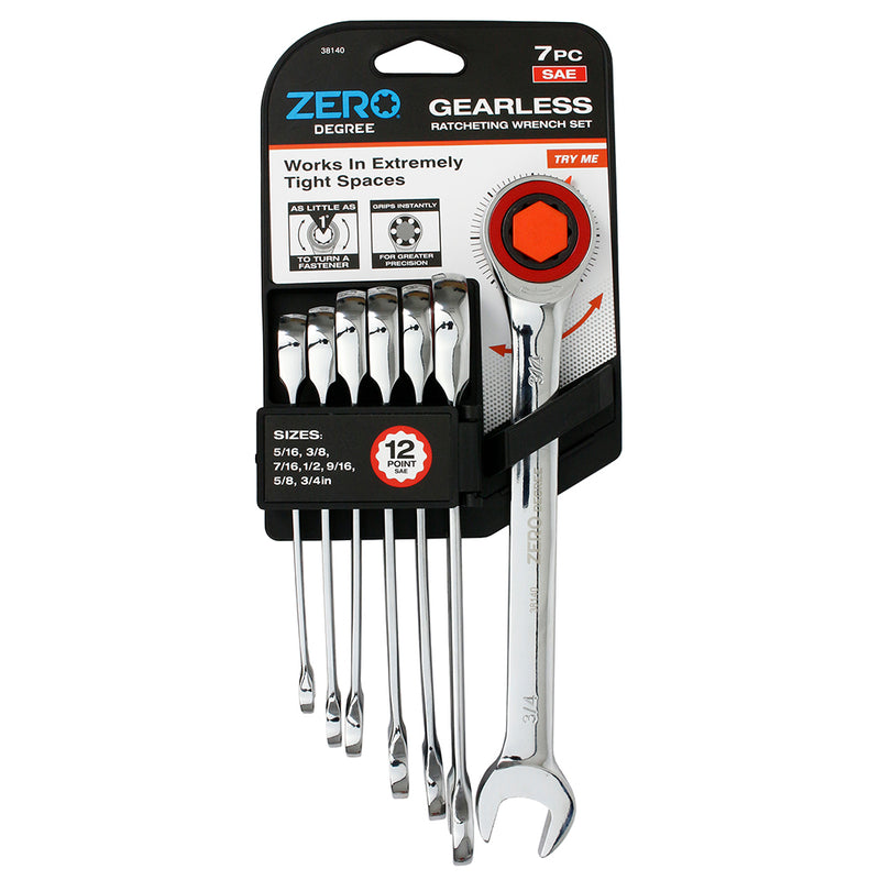Zero Degree 7 Pc Gearless Ratcheting Wrench Set 12 Point SAE Tight Space Turn