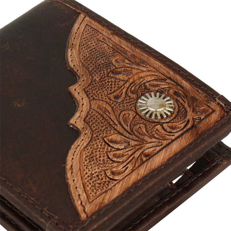 American Bison Bifold Leather Wallet With Tooled Inlay & RFID Protection Brown