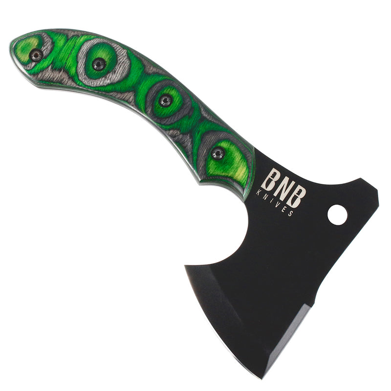 BNB Knives Tactical Army Pack Hatchet Green Maple Burl Handle Leather Sheath