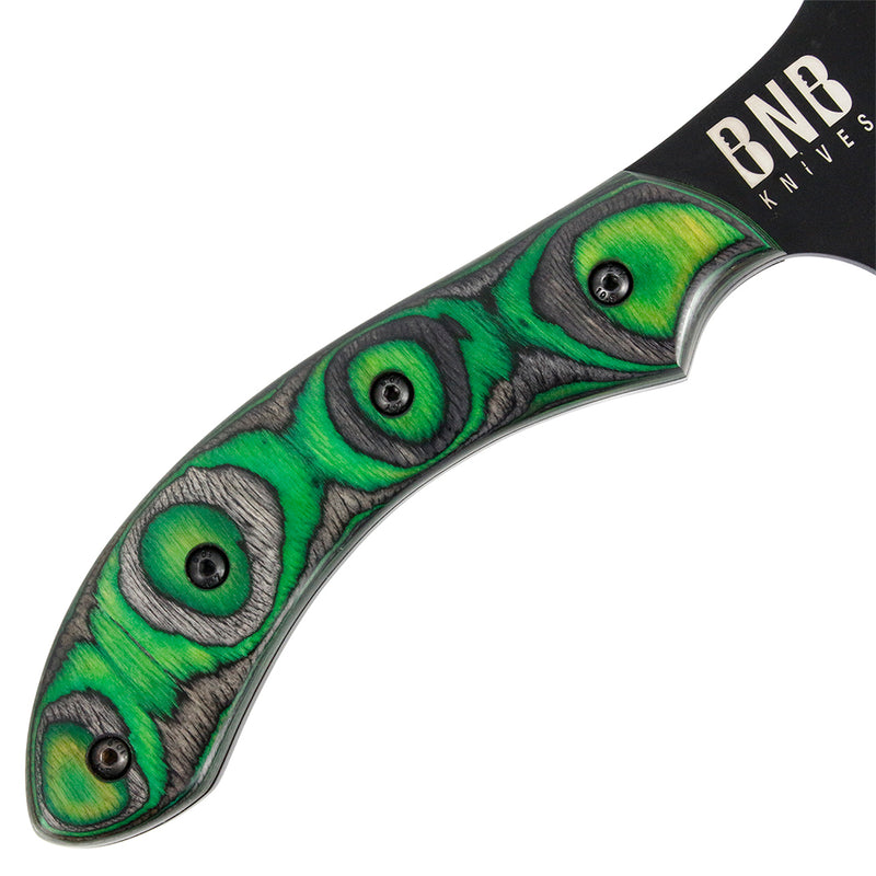 BNB Knives Tactical Army Pack Hatchet Green Maple Burl Handle Leather Sheath