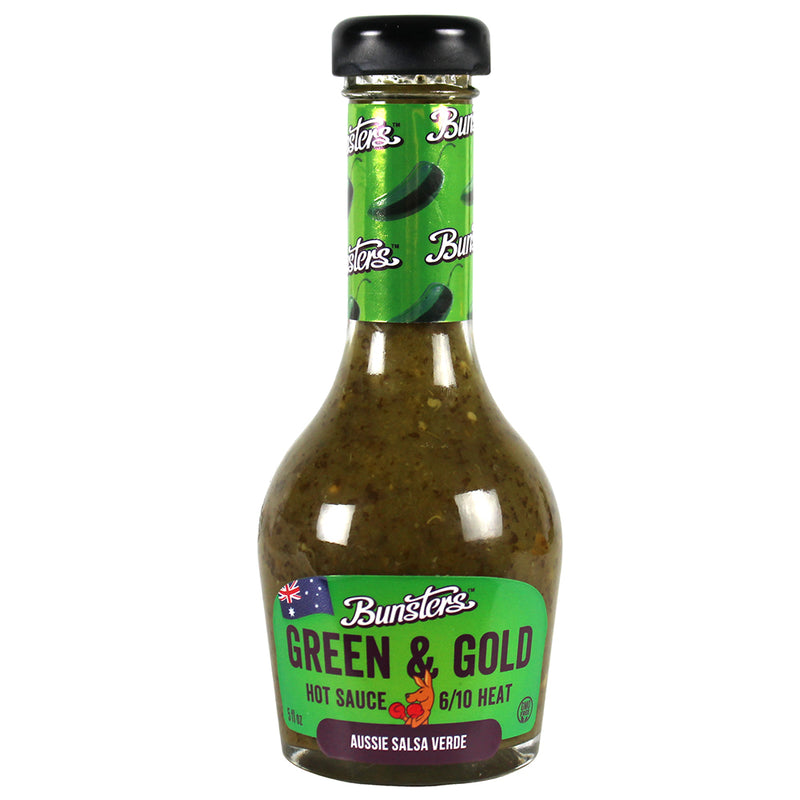 Bunsters Green & Gold Hot Sauce 5 Oz 6/10 Heat Aussie Salsa Verde BUNSTERS-2401
