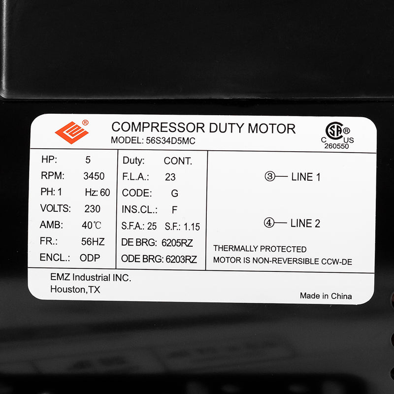 5 HP Compressor Duty Electric Motor 230V 1 Phase 56HZ Frame 7/8" Shaft 3450 RPM
