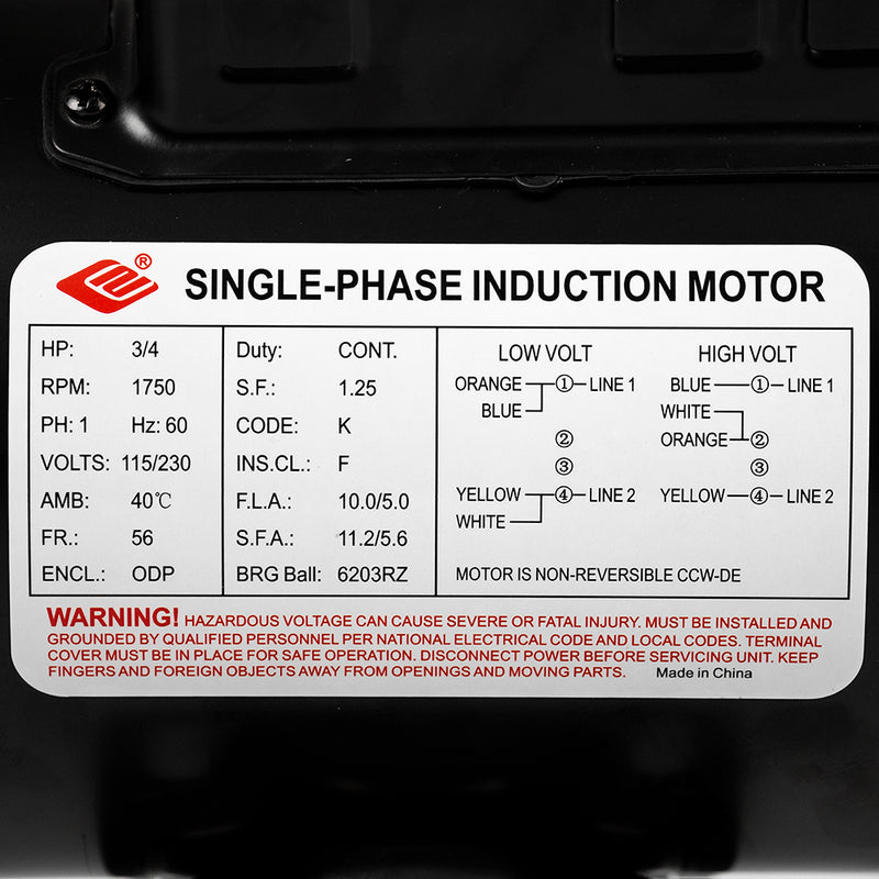 3/4 HP Electric Motor 56 Frame 1750 RPM Single Phase 115/230V 5/8" Shaft