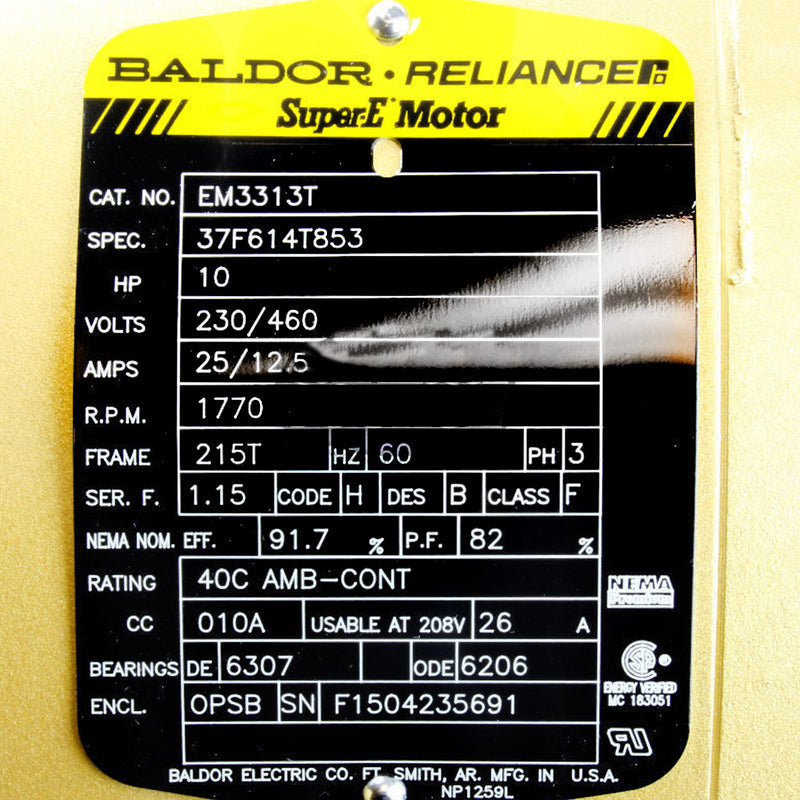 Baldor EM3313T 10 HP 3 Phase Super-E Electric Motor 1770 RPM 215T Frame 230/460V OPSB