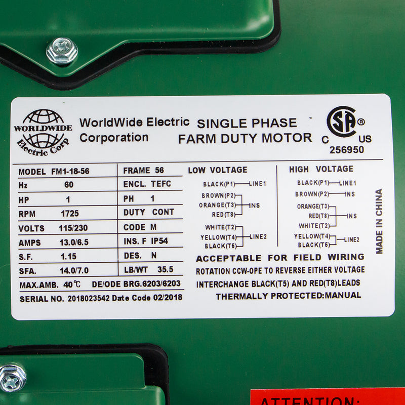 1 HP Single Phase Farm Duty Electric Motor 56 Frame 1800 RPM TEFC Enclosure
