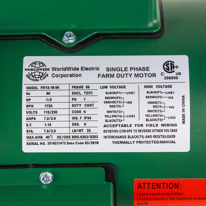 1/2 HP Single Phase Farm Duty Electric Motor 56 Frame 1800 RPM TEFC Enclosure FM12-18-56