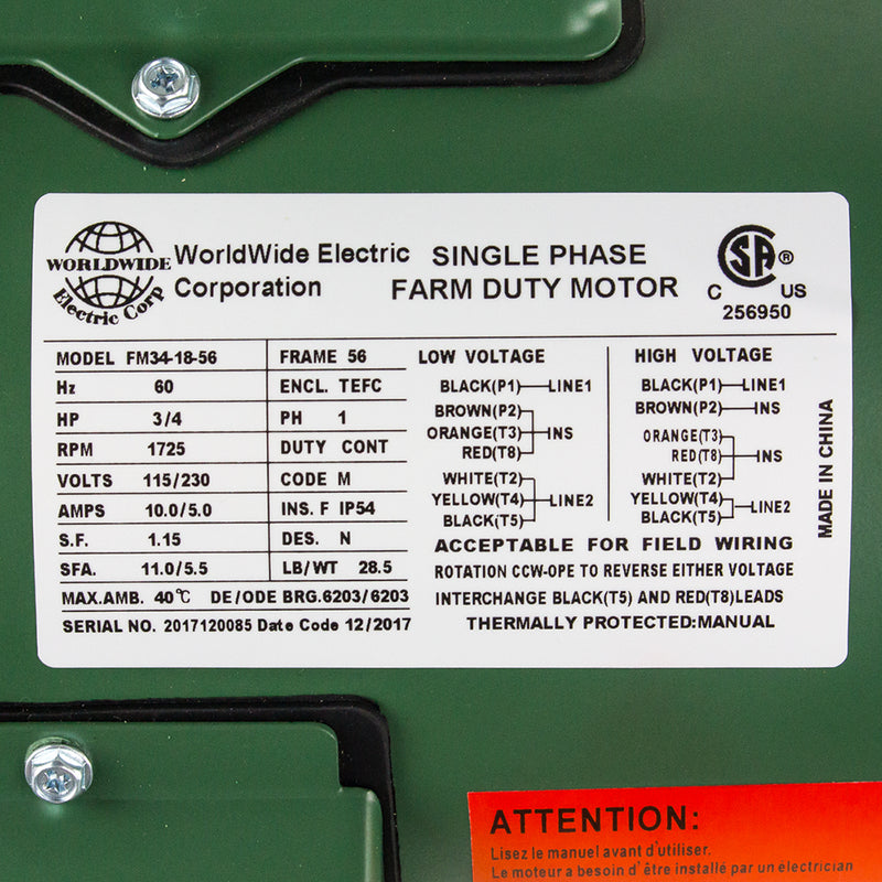 3/4 HP Single Phase Farm Duty Electric Motor 56 Frame 1800 RPM TEFC Enclosure FM34-18-56
