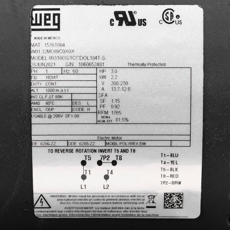 3 HP Air Compressor Duty Electric Motor 184T Frame 1765 RPM Single Phase WEG 00318OS1CCDOL184T