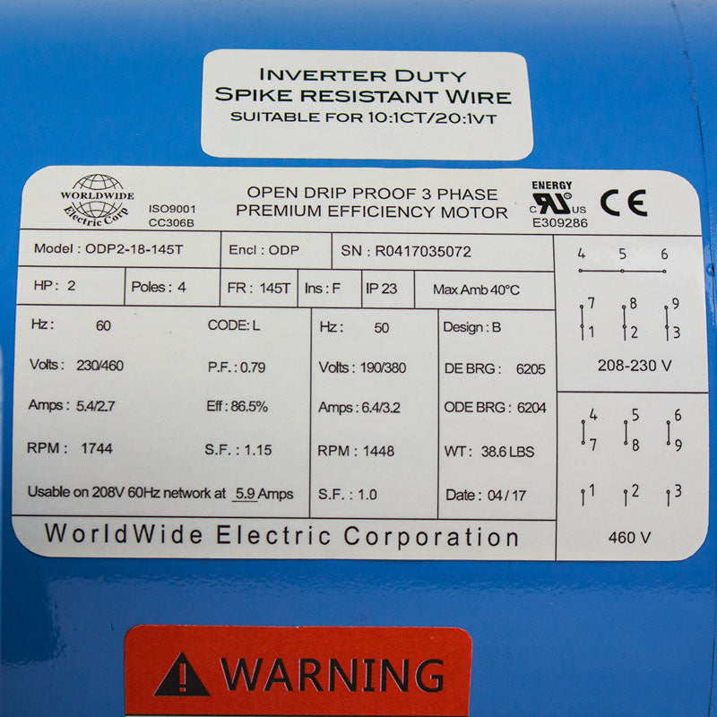 2 HP 3 Phase Electric Motor 1800 RPM 145T Frame ODP Enclosure 230/460V Open Drip ODP2-18-145T