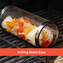 Rolling Grilling Basket BBQ Tube Round Mesh Cage Latching Lid Stainless Steel Sm