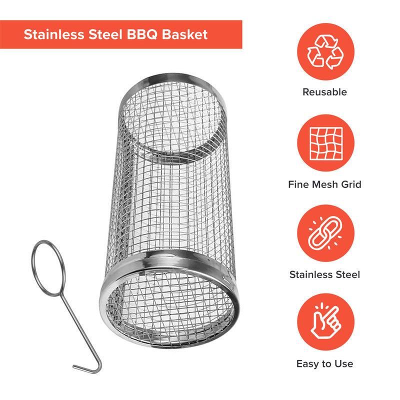 Rolling Grilling Basket BBQ Tube Round Mesh Cage Latching Lid Stainless Steel Sm