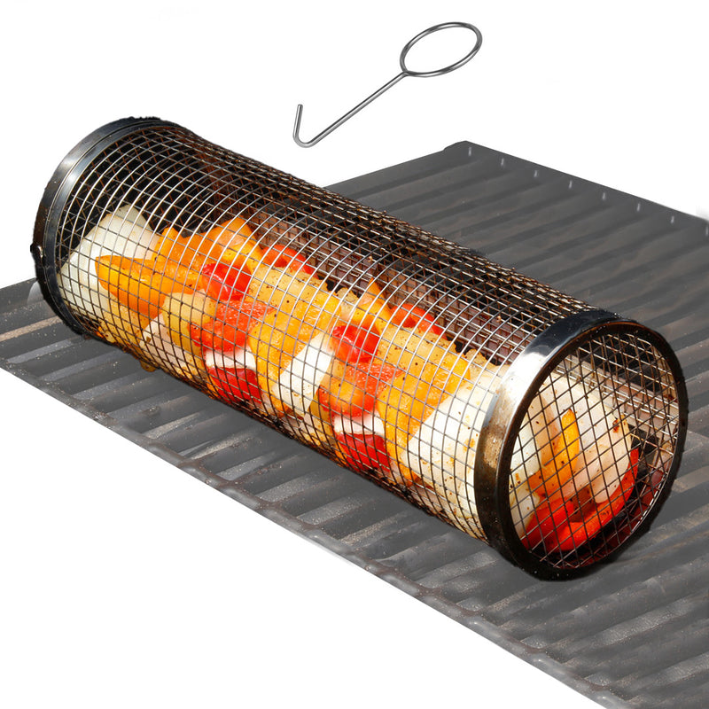 Outdoor Rolling Grill Basket Large BBQ Net Tube Round Mesh Cage Latching Lid