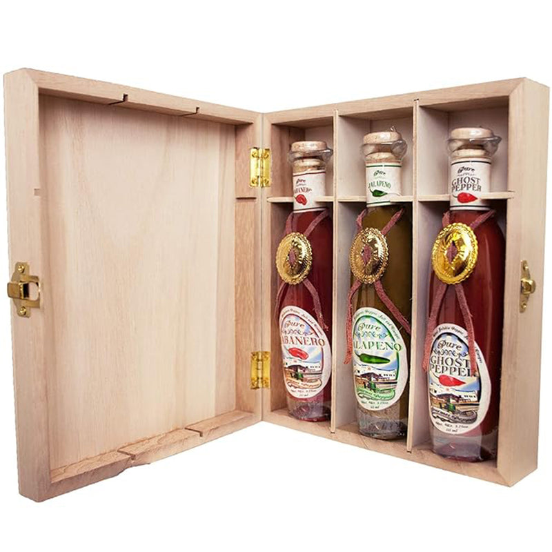 Pure Peppers Hot Sauce Gift Set Wooden Box Habanero Jalapeno Ghost Pepper GSFP1