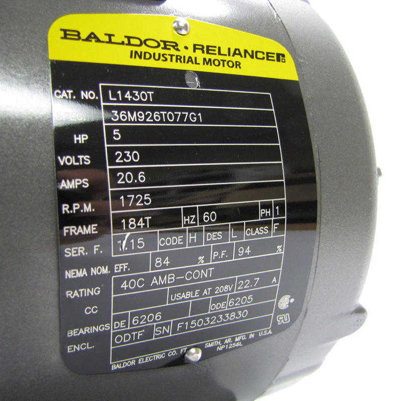 Baldor L1430T 5 HP Single Phase Electric Motor 1725 RPM 184T Frame 230V ODTF