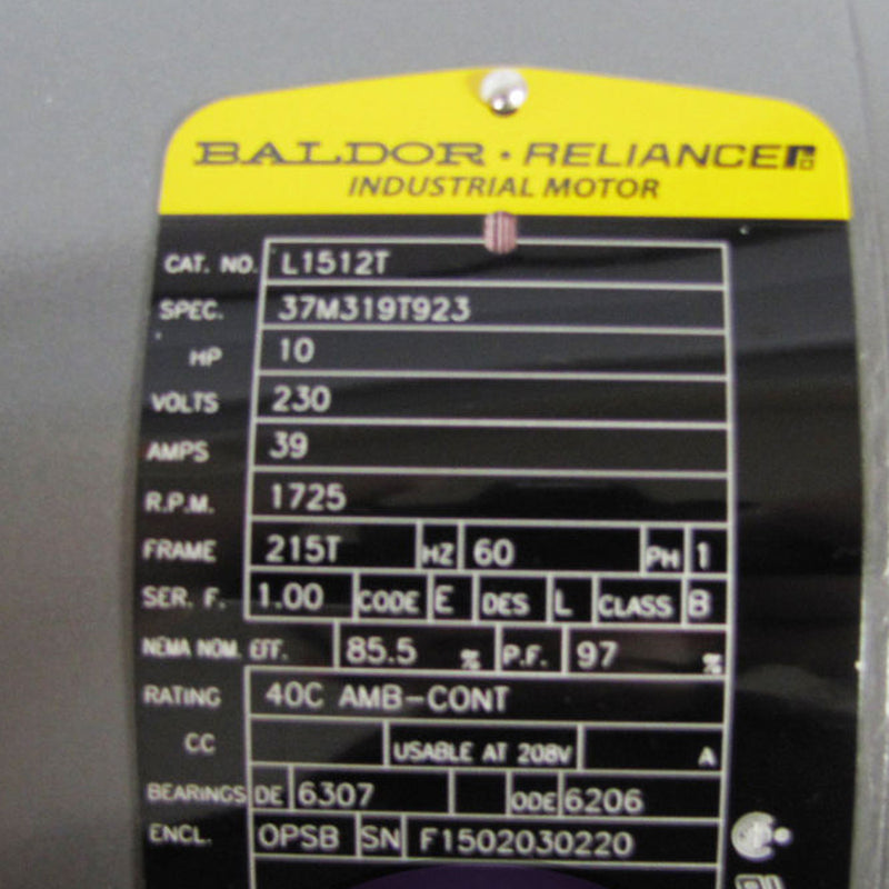Baldor 10 HP Single Phase Electric Compressor Motor 215T Frame 230V 1725 RPM