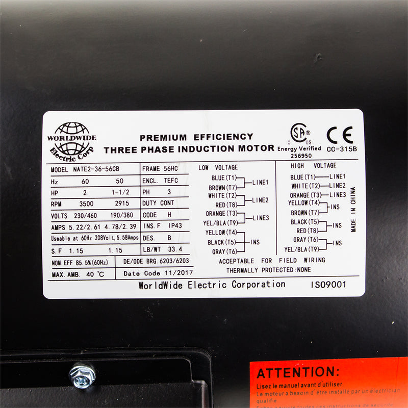 2 HP Electric Motor 3 Phase 56C Frame 3600 RPM TEFC 208 230 / 460 Volt NATE2-36-56CB