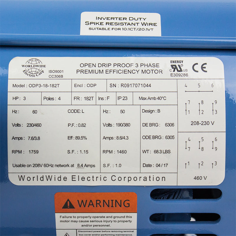 Worldwide Electric ODP3-18-182T 3 HP 3 Phase Electric Motor 1800 RPM 182T Frame ODP Open Drip Proof  230/460V