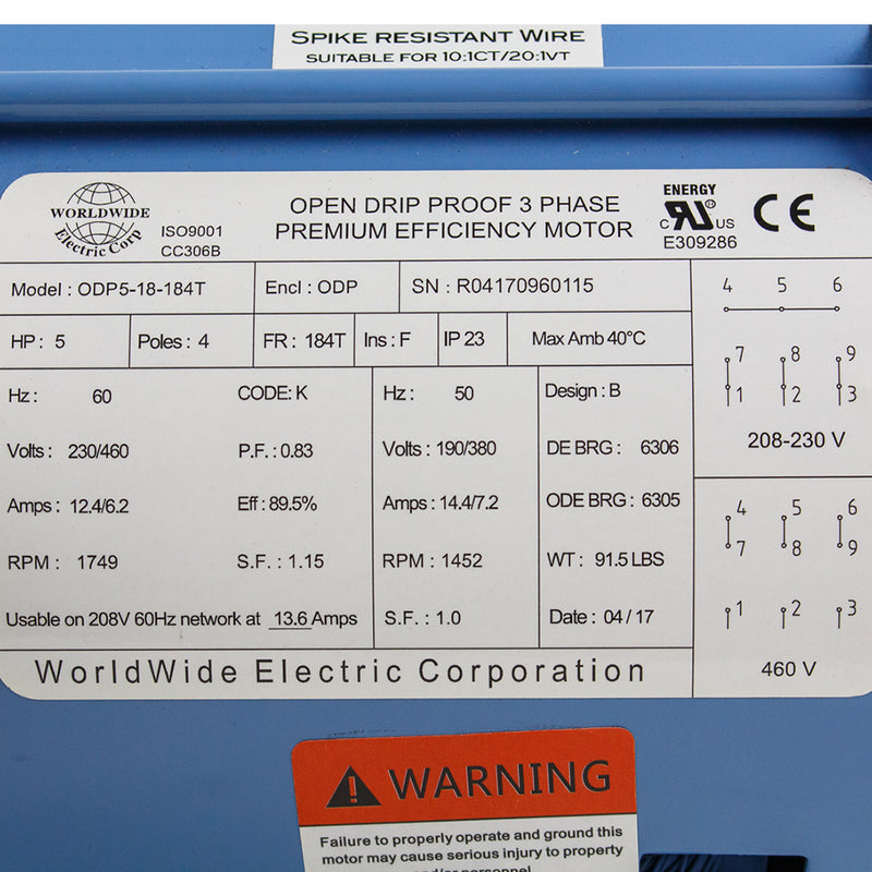 5 HP 3 Phase Electric Motor 1800 RPM 184T Frame ODP Open Drip Proof  230/460V