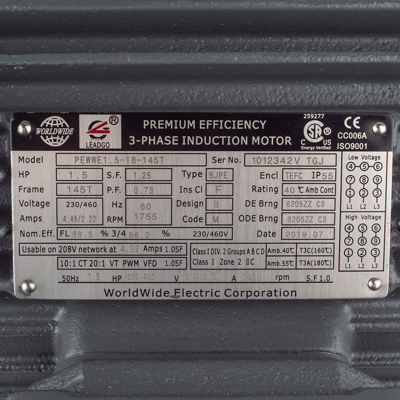 1.5 HP 3 Phase Electric Motor 1800 RPM 145T Frame TEFC 230/460V Premium Efficiency PEWWE1.5-18-145T