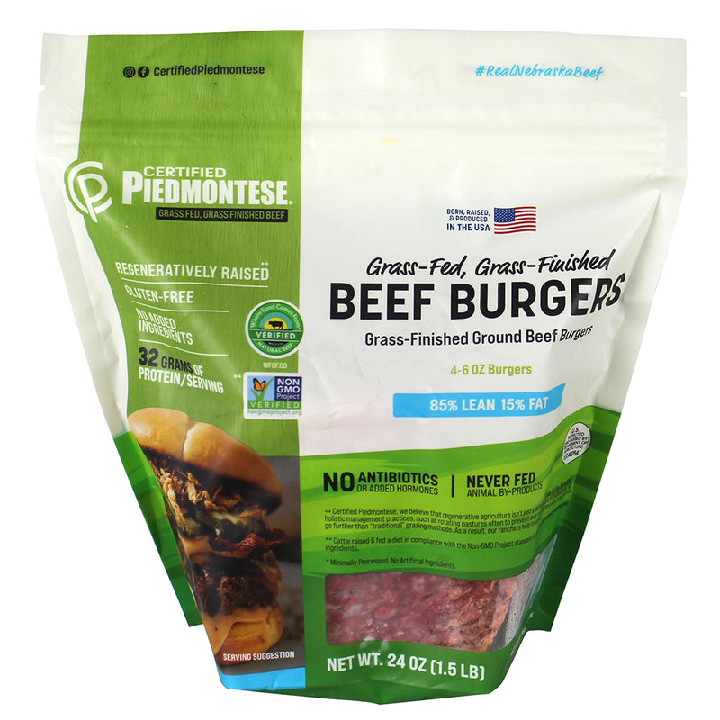 Certified Piedmontese Grass Fed Grass Finished Ground Beef Burgers 4-6oz Patties