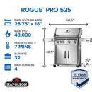 Napoleon Rogue Pro 525 Propane Gas Grill Stainless Steel Grates Side Burner