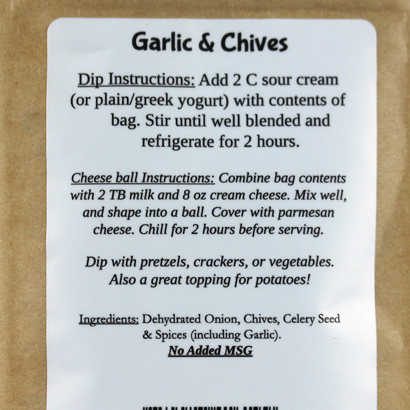 SnS Dips Garlic & Chive Dip Mix 0.77 Gluten Free USA Made Small Batch SNS-GCV