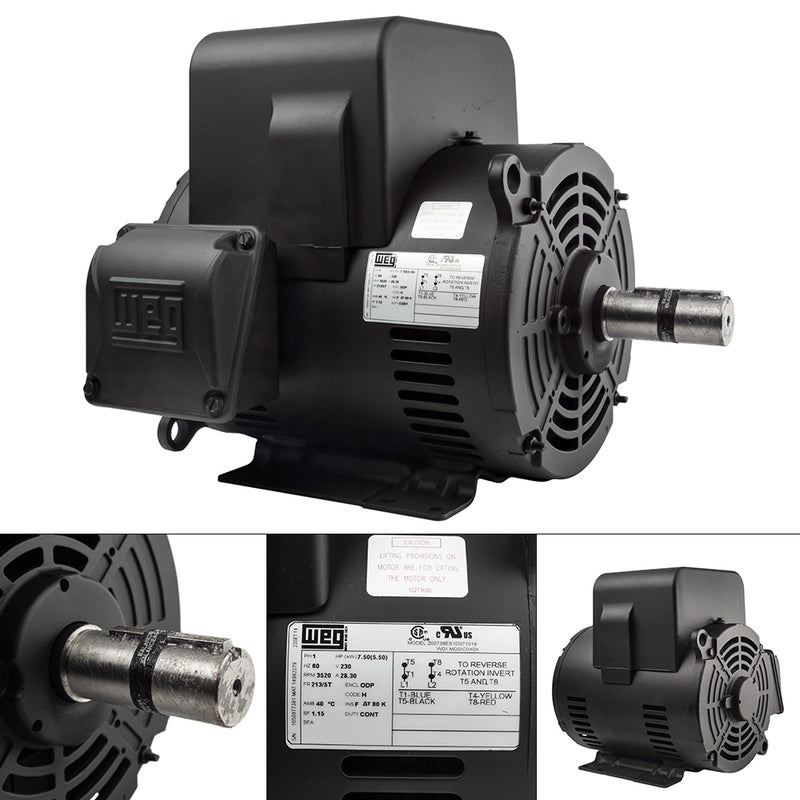7.5 HP 1 Phase Electric Motor 3520 RPM 213/5T Frame 230V ODP WEG Replaces Baldor L1509T