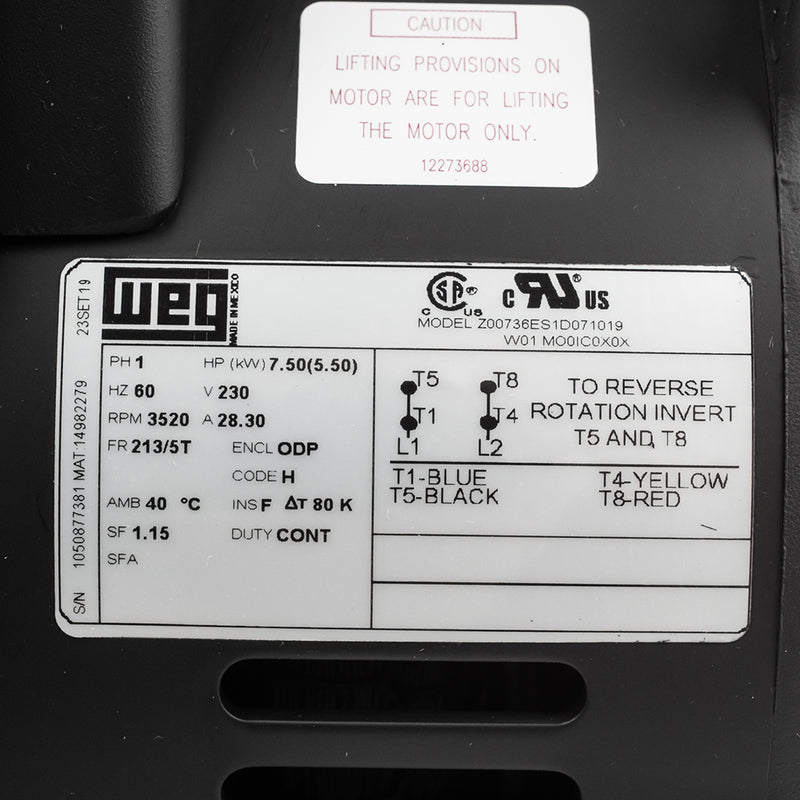 7.5 HP 1 Phase Electric Motor 3520 RPM 213/5T Frame 230V ODP WEG Replaces Baldor L1509T