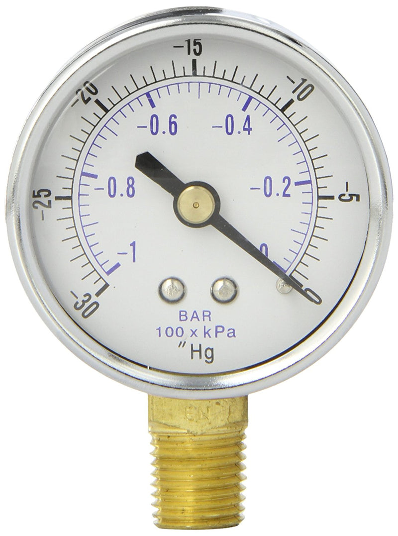 1/4" NPT 0 to -30 PSI Vacuum Air Pressure Gauge Lower Side Mount With 2" Face