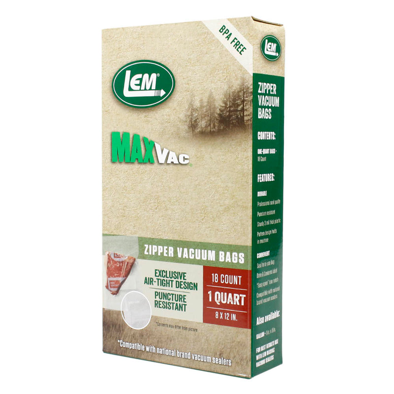 LEM MaxVac 18 Count 8" x 12" Quart Air Tight Vacuum Bags with Zipper Top 1590