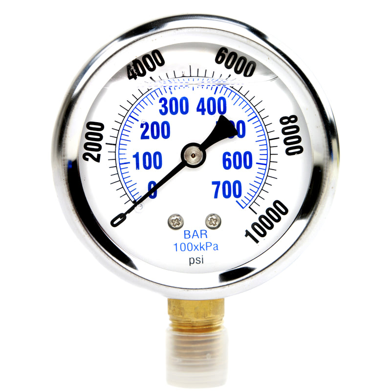Liquid Filled 0-10,000 PSI Lower Side Mount Air Pressure Gauge With 2.5" Face