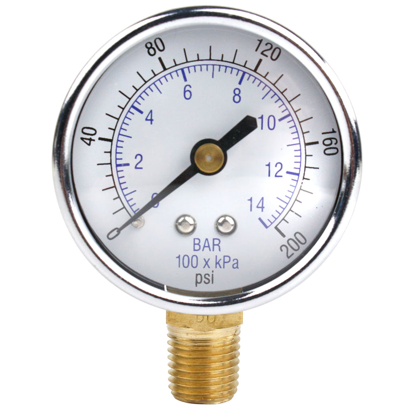 1/8" NPT 0-200 PSI Air Pressure Gauge Lower Side Mount With 2" Face