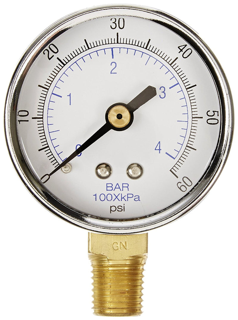 1/4" NPT 0-60 PSI Air Pressure Gauge Lower Side Mount With 2" Face