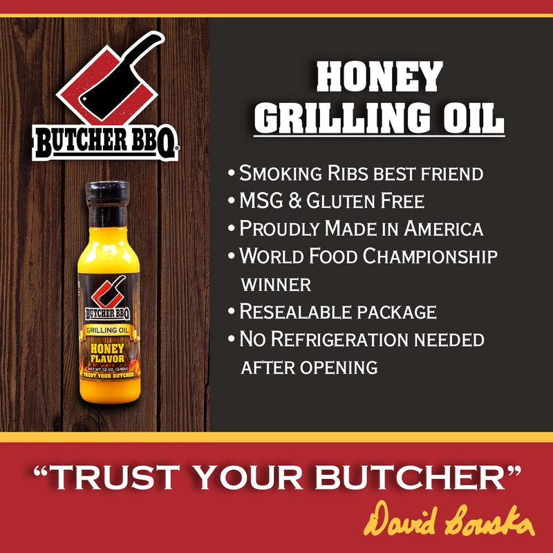 Butcher BBQ Honey Flavor Grilling Oil 12 Oz Bottle Competition Rated MSG Free