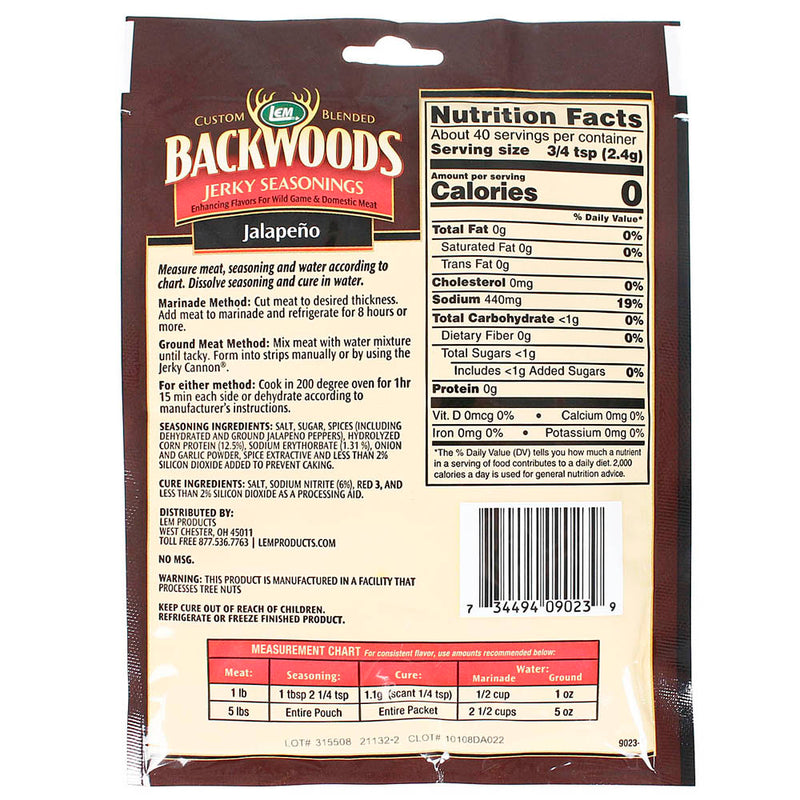 Backwoods Jalapeno Jerky Seasoning Cure Packet Makes 5 Lbs of Meat 3.4 Oz 9023