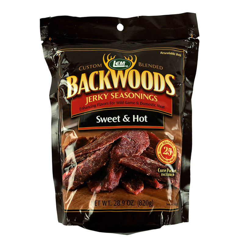 LEM Backwoods Sweet & Hot Jerky Seasoning – Makes 25 Lbs, Includes Cure (28.9 Oz Bag)