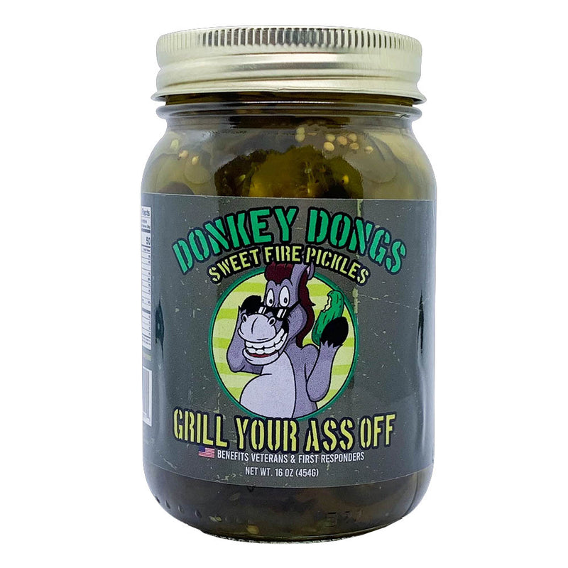 Grill Your Ass Off 16 oz Donkey Dongs Sweet Fire Pickles Sweet Heat DDONGS Jar