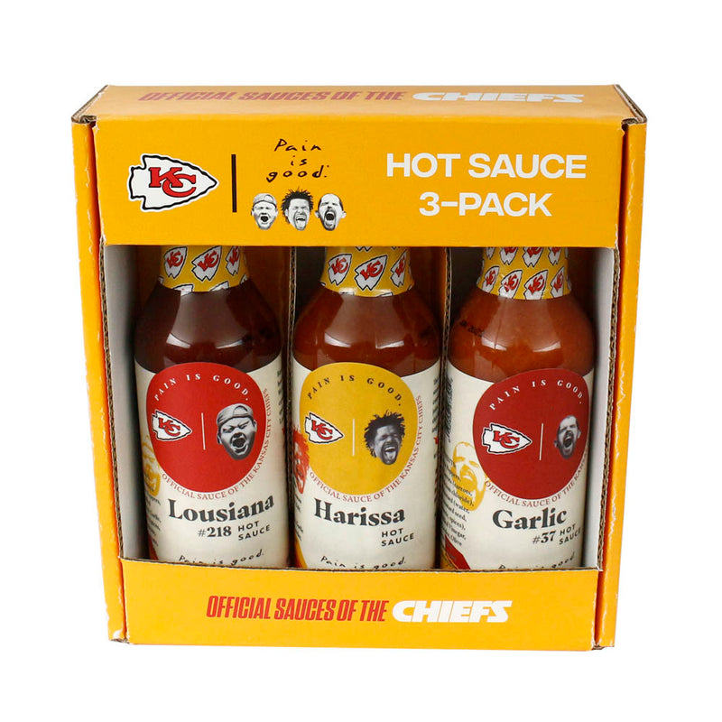 Kansas City Chiefs Pain Is Good Hot Sauce 3 Pack Lousiana Harissa Garlic 5 oz