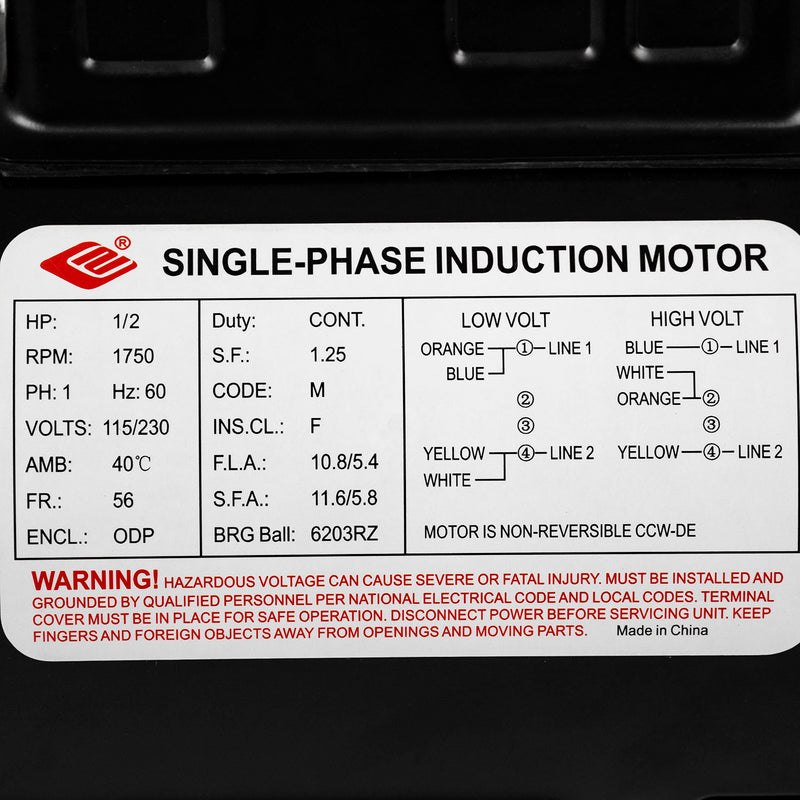 1/2 HP Electric Motor 56 Frame 1750 RPM Single Phase 115/230V 5/8" Shaft